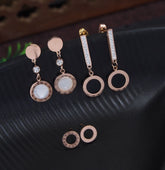 Stainless Steel Gold/Rosegold Plated Three Pair Roman Numerals Dangle & Stud Earring